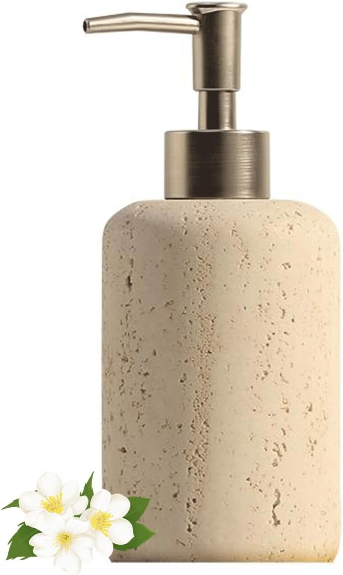 Beige Liquid Stone Hand Soap Dispenser - 10oz 15oz Refillable Bathroom Sandstone Soap Dispenser Pump Shampoo Bottles for Bathroom Kitchen, Cylinder