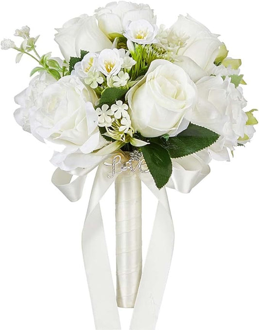 CYANLUX Wedding Bouquets for Bride Bridesmaid Bouquet Champagne White Artificial Roses Flowers for Wedding Valentine's Day Church Home Decoration… (White Rose)