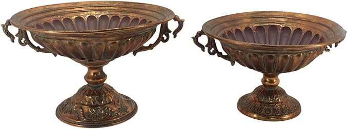 Zaer Ltd. Set of Metal Urn Vase Planters in Antique Finish and Classical Vintage Designs (Arenas Gold)