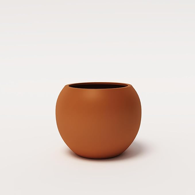 DTY Signature Mount Sherman Modern Indoor Outdoor Fiberstone Sphere Planter, Durable Round Garden Pot, Weather Resistant, Drainage Hole & Rubber Plug, Planter for Christmas Tree - Small, Terracotta
