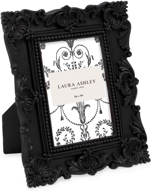 Laura Ashley 2x3 Black Ornate Textured Hand-Crafted Resin Picture Frame with Easel, for Tabletop & Wall Display, Decorative Floral Design Home Décor, Photo Gallery, Art & More (2x3, Black)