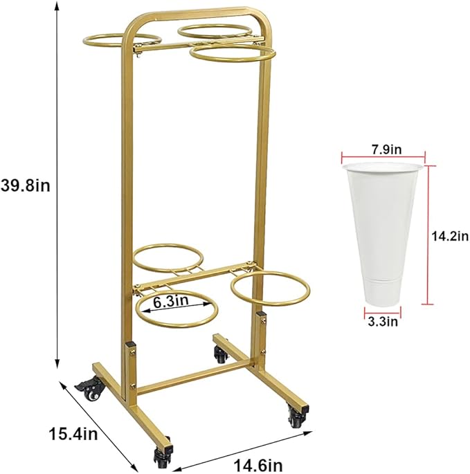 ARTLINE Rolling Display Stand with 6 Buckets for Cut Flowers, Heavy Duty Plant Stand on Wheels, Indoor Outdoor Gold Flower Cart Shelf for Florist, Garden, Patio (White Bucket)