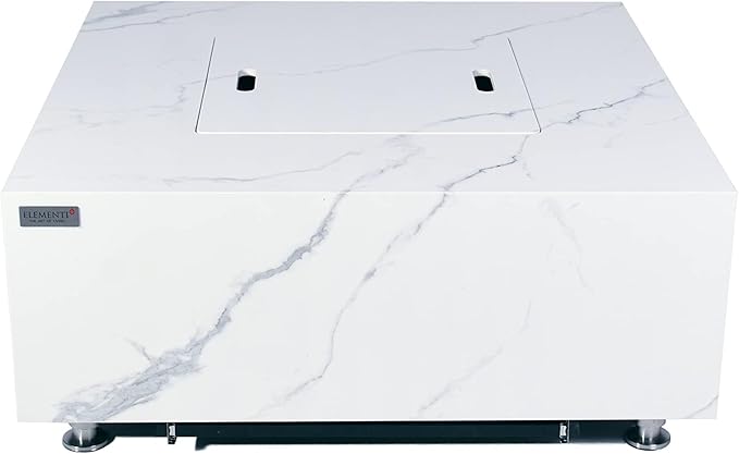 Elementi+ | Bianco Gas Fire Pit | Marble Porcelain & Metal Frame | 40" Square Fire Table | Electronic Ignition | Canvas Cover, Fire Glass & Burner Lid Included | White | Propane Gas