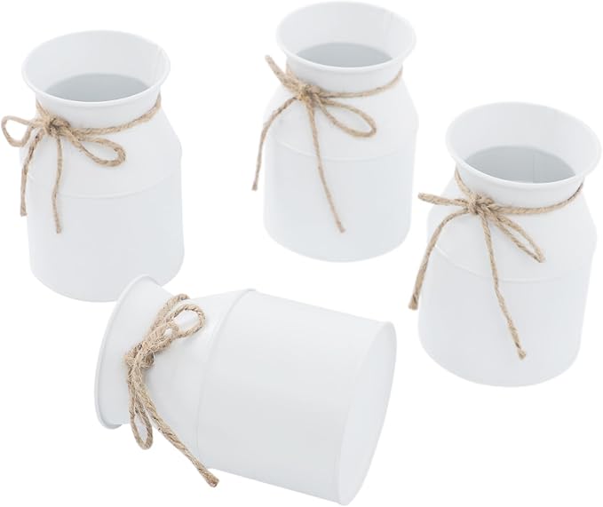 Flower Vase Decor, Farmhouse Metal Galvanized Milk Can Jug Vase with Bow, Flower Buckets for Artificial Flowers for Table Centerpiece Weddings(White)