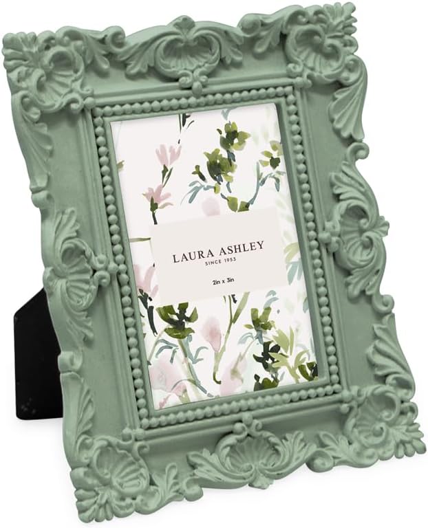 Laura Ashley 2x3 Matt Rosemary Ornate Textured Hand-Crafted Resin Picture Frame with Easel, for Tabletop & Wall Display, Decorative Floral Design Home Décor, Photo Gallery, Art (2x3, Matt Rosemary)
