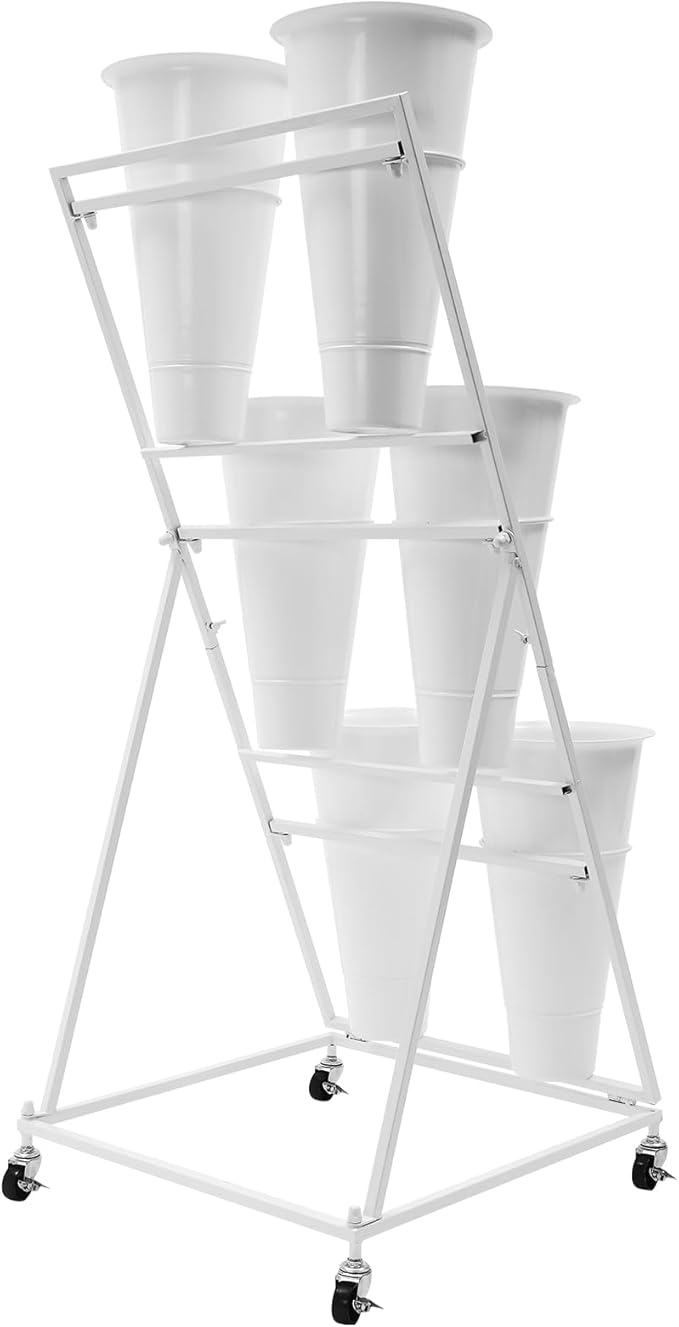 DYRABREST Flower Display Stand with Buckets, 3 Layers Metal Plant Stand with 6 Pieces Buckets, Moving Florist Bouquet Shelf for Fresh Flower Shop, for Patio Garden, Outdoor Flower Pop-Up Events
