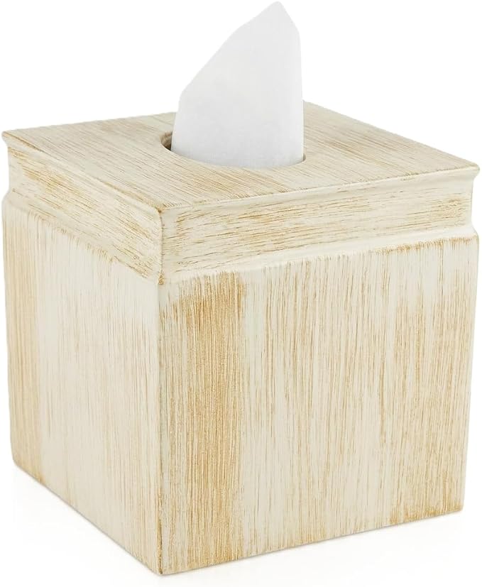 Creative Scents Rustic Luxe Tissue Box Cover Square – Beige Tissue Box Holder with Oval Opening, Modern Farmhouse Bathroom Accessories Decor