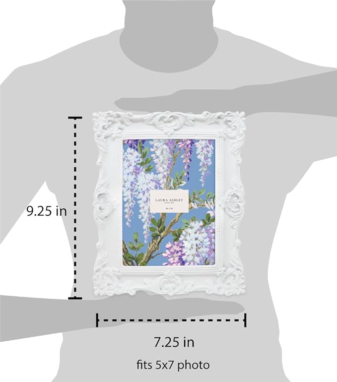 Laura Ashley 5x7 White Ornate Textured Hand-Crafted Resin Picture Frame with Easel & Hook for Tabletop & Wall Display, Decorative Floral Design Home Décor, Photo Gallery, Art, More (5x7, White)