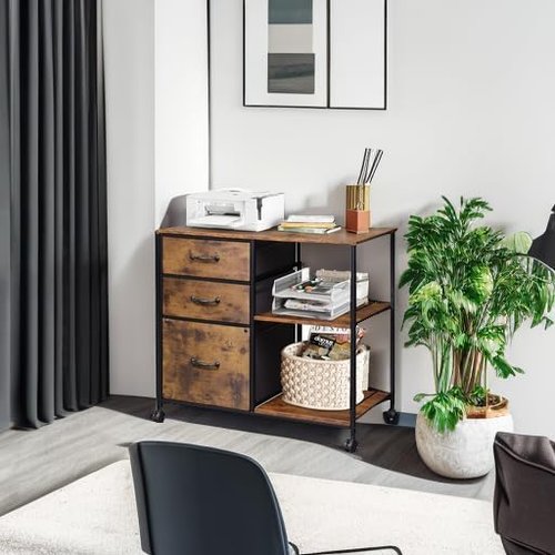 DEVAISE 3 Drawer Mobile File Cabinet - Rolling Printer Stand with Open Storage Shelf | Rustic Brown Wood Grain, Fits A4 & Letter Size