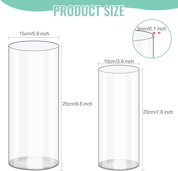 Olrla 2 Pack Transparent Acrylic Flower Vase, Height 7.87'' and 9.8'' Shatter Proof Plastic Cylinder Vase for Flower Arrangement, Wedding Centerpieces, DIY