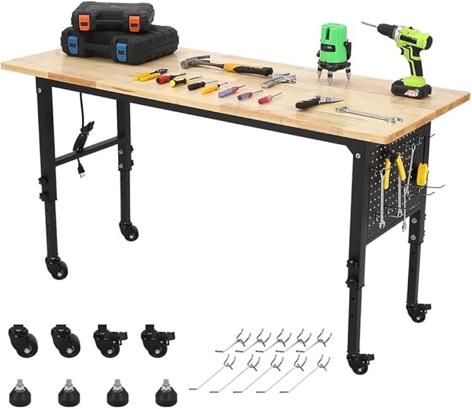 TrailBlaze 60"x24" Workbench, Heavy Duty Rubber Wood Top Workbench with Pegboard Hooks & Power Outlet & 4 Lockable Wheels, Adjustable Height Work Table for Home Garage Workshop - 2000lbs Load Capacity