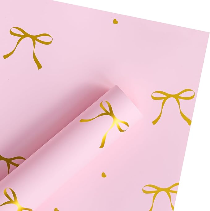 WRAPAHOLIC 20 Sheets Flower Wrapping Paper - 22.4 x 22.4 inch Pink Bow Water-Resistant Floral Bouquet Wrapping Paper, Florist Supplies Packaging for Wedding Birthday Gift DIY