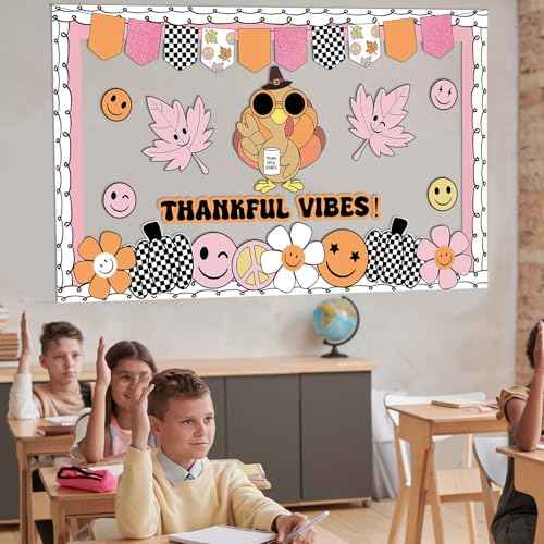 Groovy Thanksgiving Turkey Bulletin Board Thankful Vibes Boarders Decor Hippie Turkey Daisy Give Thanks Cutouts Decorations Autumn Groovy Bulletin Board for Kids Office School Wall Party Supply