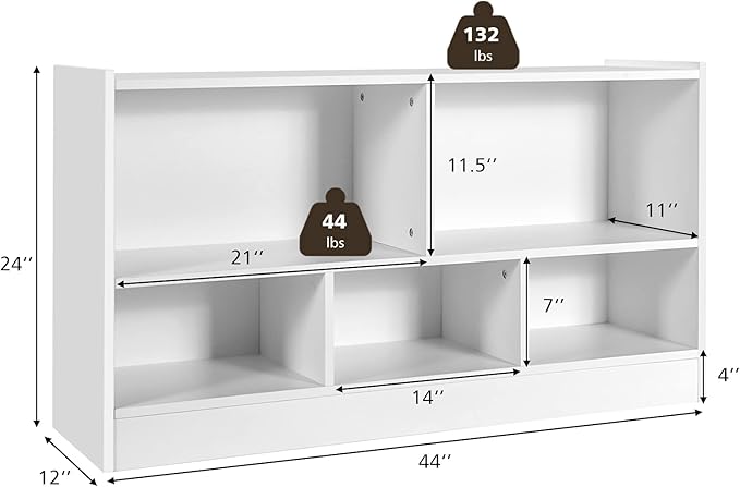 KOTEK Toy Storage Organizer, 5 Cubby Kids Bookshelf, Wooden 3-Tier Bookcase Storage Cabinet, Open Display Book Shelf for Daycare, Nursery, School Classroom, Living Room & Bedroom (White, 5 Cubes)