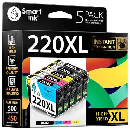 Smart Ink Remanufactured Ink Cartridge Replacement for Epson 220 XL T220 220XL 5 Multipack (2 Black, C/M/Y) to use with Workforce WF2630 WF2650 WF2750 Expression Home XP320 XP420 XP424 Printer