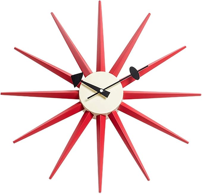 SHISEDECO Modern Sunburst Clock in Red Color, Non Ticking Wooden Mid Century Retro Design Decorative Silent Wall Quartz Clocks for Home, Living Room, Office and Bedroom etc.