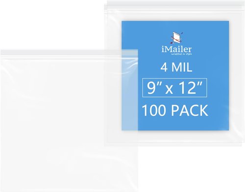 iMailer 4 Mil Thick Zip Poly Bags | Heavy Duty Resealable Plastic Bags (100 Pack, 9x12 Inches) - Durable for Food, Tools & Crafts