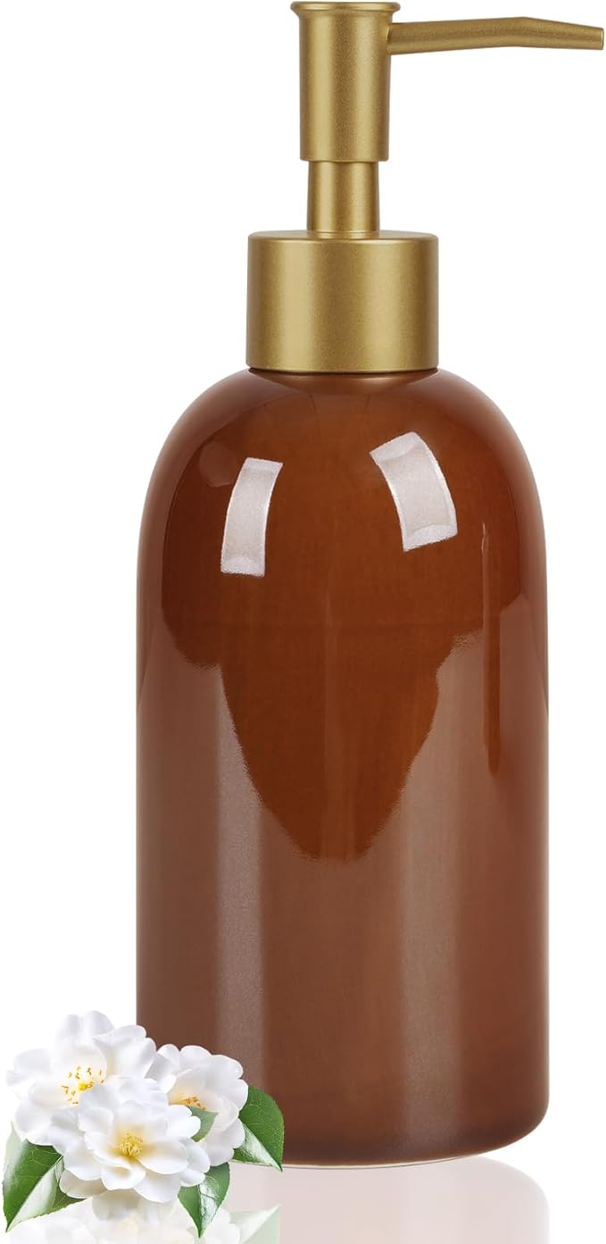 Natheeph 14OZ Ceramic Soap Dispenser Ceramic Soap Pump Dispenser Can Fill Liquid for Bathroom/Kitchen (Amber)