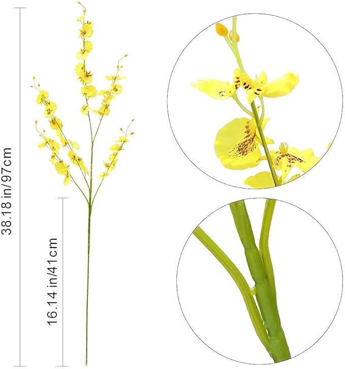 Kisflower 12Pcs Yellow Artificial Orchids Flowers, Dried Silk Orchids, Fake Orchids Flowers Silk Faux Dancing Orchids Bouquet for DIY Indoor Outdoor Wedding Party Home Kitchen Office Decoration