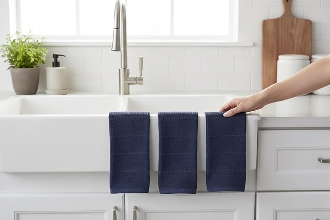 Serafina Home Navy Blue Kitchen Dish Towels: 100% Cotton Cloth Soft Cleaning Drying Absorbent Textured Terry Loop, Set of 3 Multipurpose for Everyday Use Brand