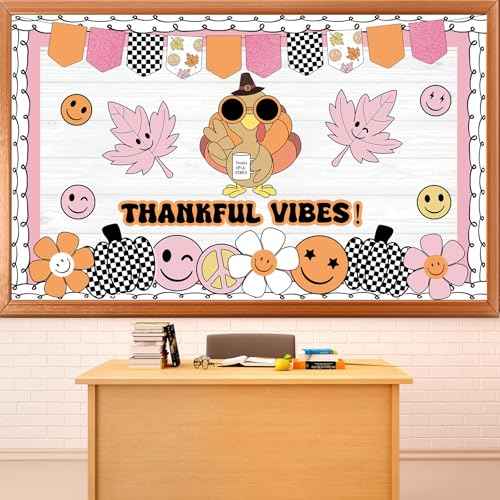 Groovy Thanksgiving Turkey Bulletin Board Thankful Vibes Boarders Decor Hippie Turkey Daisy Give Thanks Cutouts Decorations Autumn Groovy Bulletin Board for Kids Office School Wall Party Supply