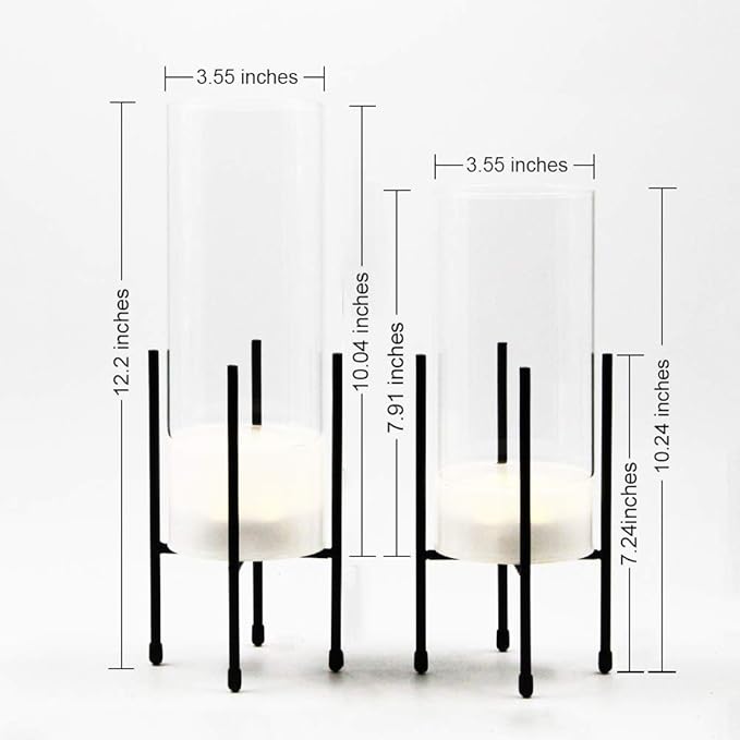 Flower Vase for Decor, for Flowers Plants, Clear Vase with Black Stand, Modern Decorative with Timer LED Lights Battery Operated,Centerpiece/Wedding/Party(Set of 2)