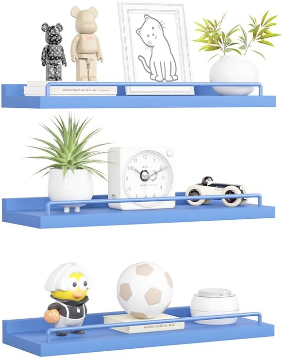 RYOFOBETTO Blue Floating Shelves, Room Decor Shelves,Pink Kawaii Room Decor Wall Shelves for Living Room, Bedroom, Picture Frames, Plants, Kitchen, Set of 3 (Blue)