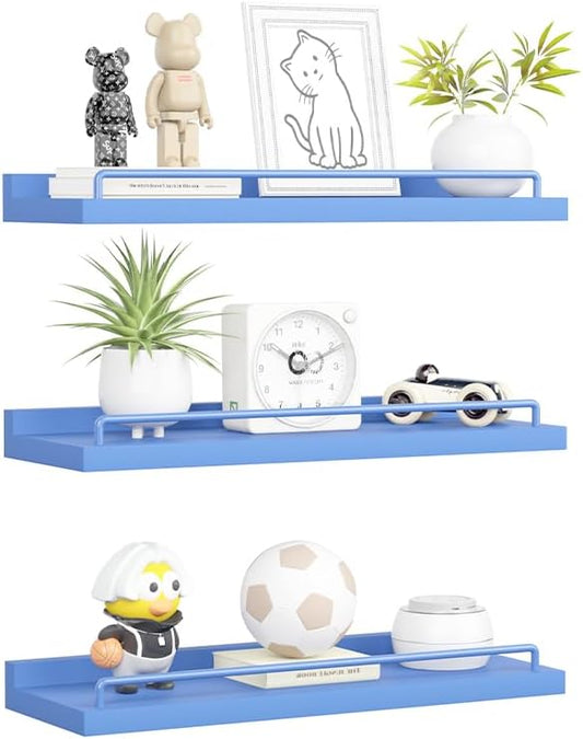 RYOFOBETTO Blue Floating Shelves, Room Decor Shelves,Pink Kawaii Room Decor Wall Shelves for Living Room, Bedroom, Picture Frames, Plants, Kitchen, Set of 3 (Blue)