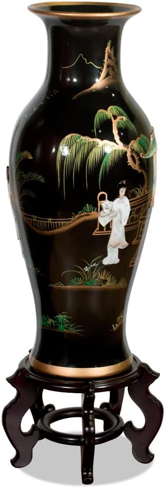 China Furniture Online 24 Inch Black Lacquer Mother of Pearl Oriental Porcelain Vase