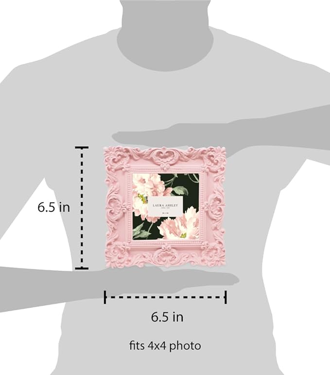 Laura Ashley 4x4 Pink Ornate Textured Hand-Crafted Resin Picture Frame with Easel & Hook for Tabletop & Wall Display, Decorative Floral Design Home Décor, Photo Gallery, Art, More (4x4, Pink)
