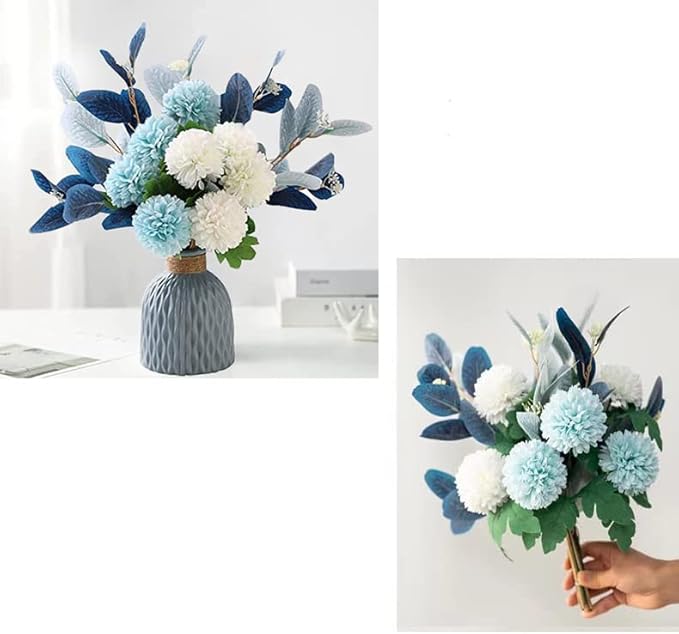 LADADA Blue Artificial Flower Bouquet in Ceramic Vase, White and Blue Ball Chrysanthemum with Eucalyptus, Minimalist Desk Decor for Office Home Centerpiece