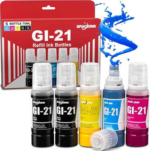 Spaceink GI-21 G3270 Ink Refill Bottles Compatible for Canon G3260 G3290 G4270 G4280 G2260 G2270 G1220 G1230 G3262 MegaTank Printer, for Canon GI21 Ink Bottles 5 Pack (2Black CMY)