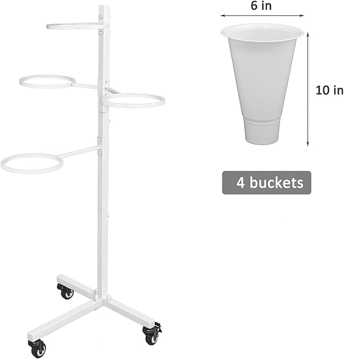 Flower Display Stand with Buckets - Flower Cart with Wheels for Bouquet Shop, Metal Flower Rack Display Stand for Wedding Garden, Party, Events (White, Round buckets)