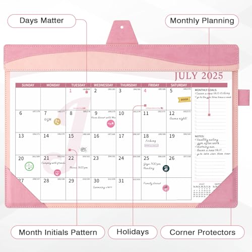 Ospelelf Leather Desk Calendar 2025-2026 Large 12"x17" Monthly Planner Pad with Protective Cover 18 Months July 2025 to Dec 2026 Pink