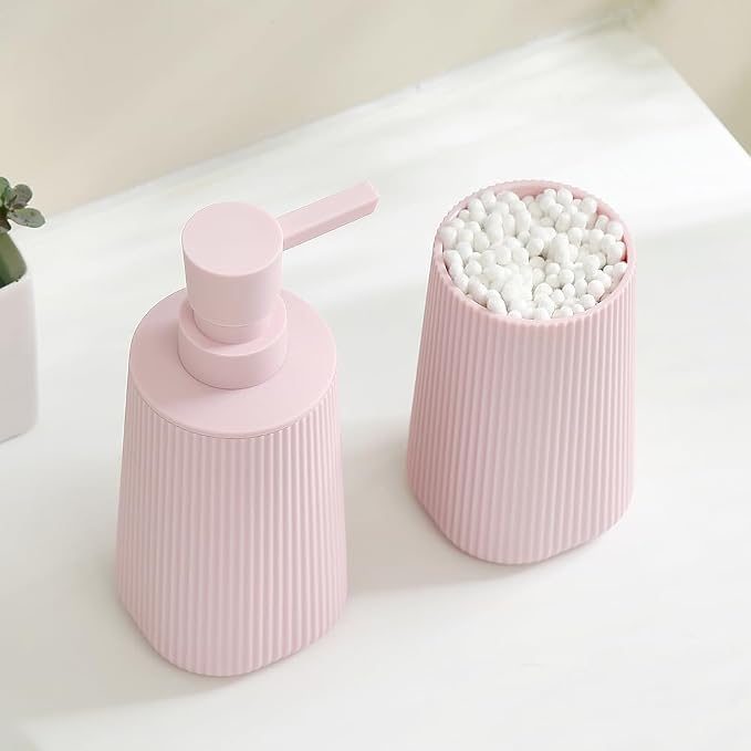 YAUKPH Bathroom Accessories Set 2 Piece Soap Dispenser and Toothbrush Holder for Bathroom Countertop Striped Pink