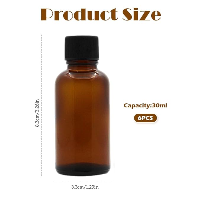 6Pcs Amber Glass Essential Oil Bottles with Orifice Reducer and Black Cap Empty Cosmetic Perfume Aromatherapy Storage Container Vial Pots Portable Refillable size 30ml/1oz