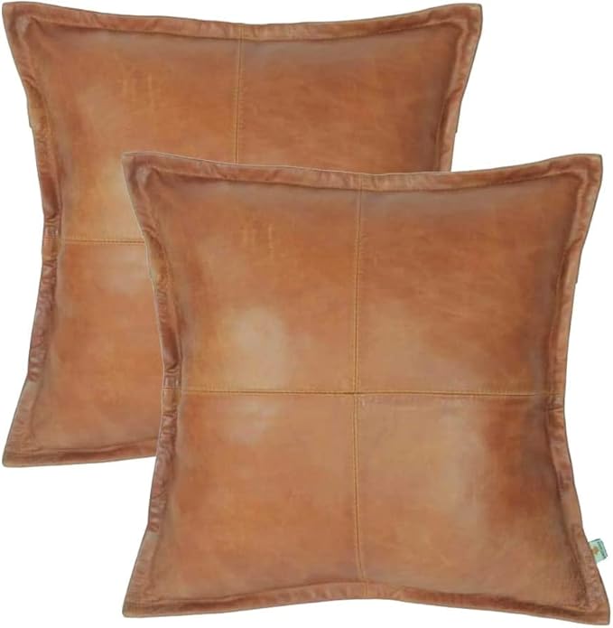 D DOLLY LAMB Lambskin Leather Pillow Cover - Sofa Cushion Case - Decorative Throw Covers for Living Room & Bedroom, 22x22 Inches - Gold Beige Box Pack of 2