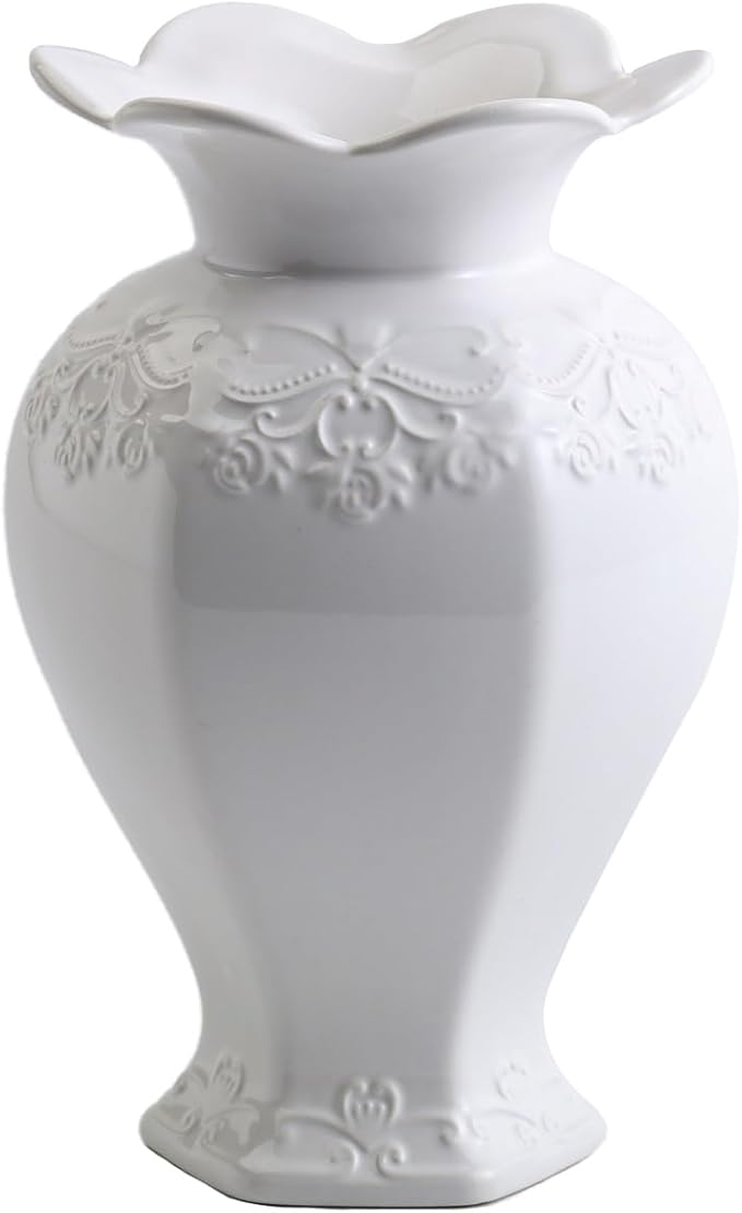 Relievo Elegant White Cream 8in 11in Ceramic Flower Tall Aesthetic Beige Table Tulip Wide Mouth Rose Filler Decorative Rustic Vase Decor for Home (White Vase, M)