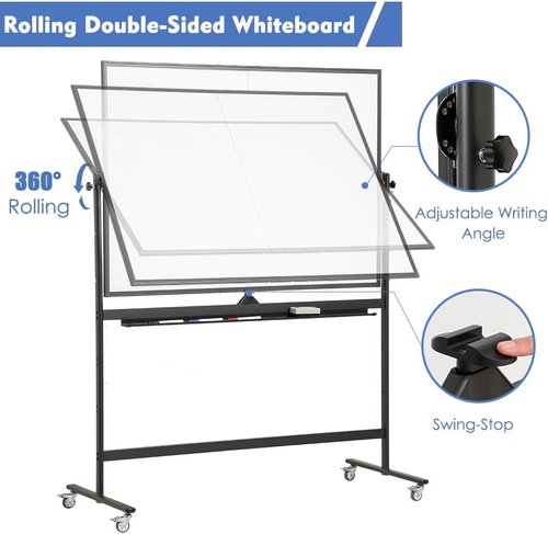 Fortuno Magnetic Mobile Whiteboard - 48"x36" Double-Sided Dry Erase Board with Adjustable Height & Angle | Rolling Easel for Office, Classroom, Home - Black