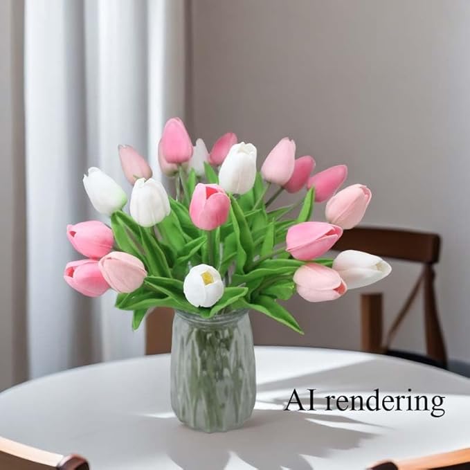 Artificial Flowers 10 Heads Mini Real Touch Artificial Tulip Multicolor Bouquet for Home Wedding Party Centerpiece Decoration (Pink&White&Light Pink)