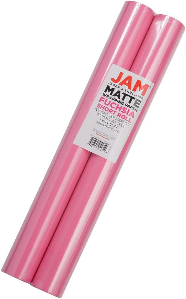 JAM Paper Gift Wrap - Matte Wrapping Paper - 52.6 Sq Ft Total (17 in x 18 Ft Each) - Matte Fuchsia Hot Pink - 2 Rolls/Pack