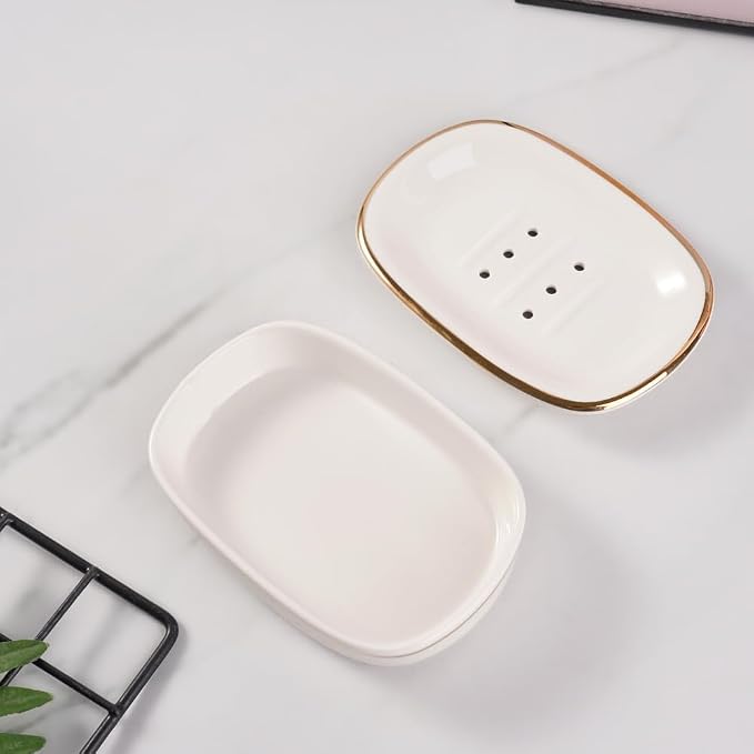 Self Draining Soap Dish, Double-Layer Bar Soap Tray, White Ceramic Soap Dish with Elegant Patterns (White with Gold Line)