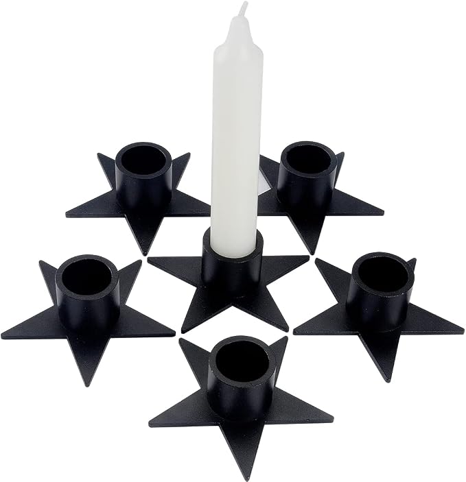 6PCS Pentagram Black Taper Candle Holders, Matte Iron Candlestick Holders Centerpieces for Home Decoration, Wedding Anniversary, Party, Housewarming Gifts.