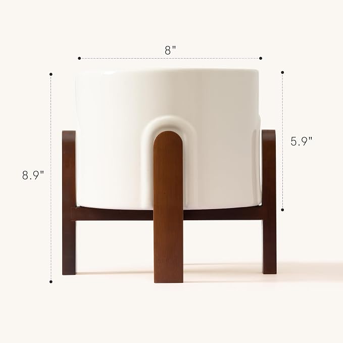 La Jolie Maison White Planter with Wood Stand, Large Ceramic Planter for Indoor Plants, 9 Inch Modern Planter Pots Whit Drainage Hole