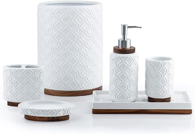 RQYIXI Bathroom Accessories Set 6 Pcs Ceramic Wooden Bathroom Set with Soap Dispenser Toothbrush Holder Tray Tumbler Soap Dish Trash Can（White）