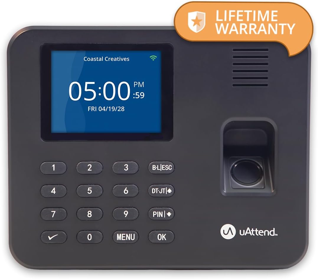 uAttend RE2000 Biometric Time Clock - Fingerprint & PIN Punching, Wi-Fi Cloud System for Small Business