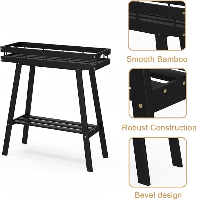 BAMBANG Bamboo Plant Stand Indoor, 2 Tier Small Plant Table, Tall Plant Stand for Indoor Plants, Window Sill Plant Shelf, Flower Pot Holder Plant Bench Plant Rack for Living Room, Black