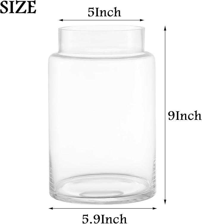 Large Glass Vase, 9 Inch Clear Glass Vase for Flowers, Large Flower Vases for Bouquet, Tall Wide Mouth Vases for Home, Wedding, Living Room, Coffe Table, Office Decor