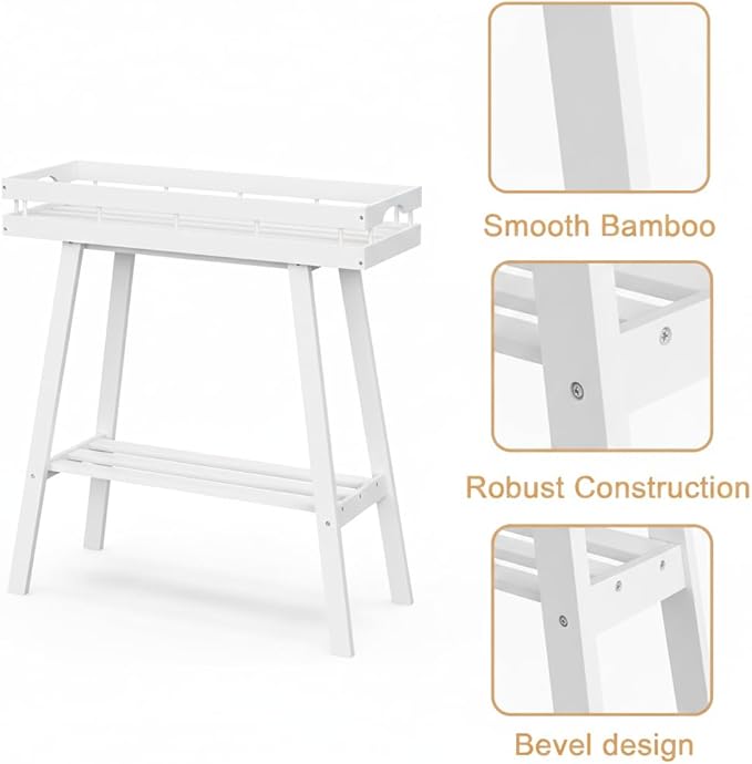 BAMBANG Bamboo Plant Stand Indoor, 2 Tier Small Plant Table, Tall Plant Stand for Indoor Plants, Window Sill Plant Shelf, Flower Pot Holder Plant Bench Plant Rack for Living Room, White
