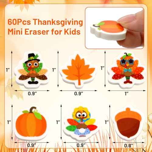 Ceiba Tree 60Pcs Thanksgiving Mini Erasers for Kids Bulk Turkey Maple Leaf Pumpkin Acorn Pencil Erasers Stationery for Student Classroom Prizes Homework Rewards School Supplies Fall Party Favors